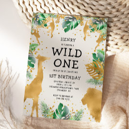 Convites Wild One Safari Green Dourado Ecru primeiro aniver