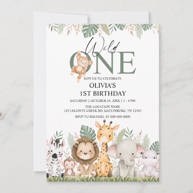 Convites Wild One Safari Jungle Animals 1st Birthday (Frente)