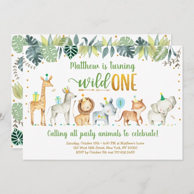Convites Wild One Safari Jungle Birthday (Frente/Verso)