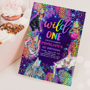 Convites Wild One Safari Neon Rainbow Cheetah Birthday