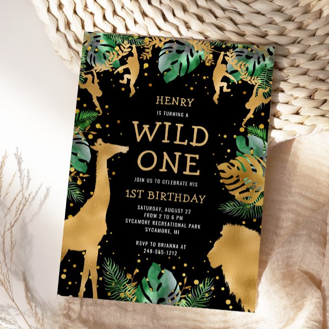Convites Wild One Safari primeiro aniversario Black Green D (Criador carregado)