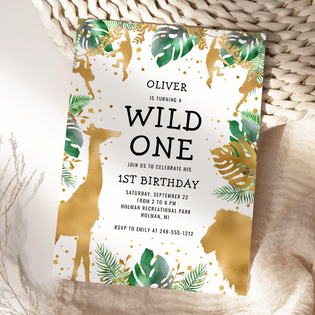 Convites Wild One Safari primeiro aniversario Verde Dourado (Criador carregado)