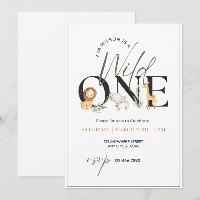 Convites Wild One Watercolor Animal Primeiro Aniversário (Frente/Verso)