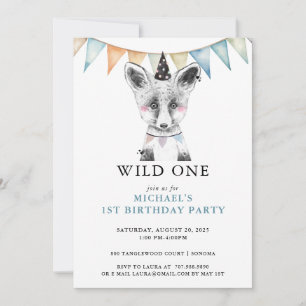 Convites Wild One Watercolor Fox Blue primeiro aniversario