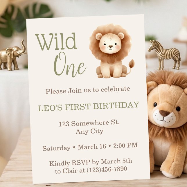 Convites Wild One Watercolor Safari Lion First Birthday (Wild One Watercolor Safari Lion First Birthday Invitation)