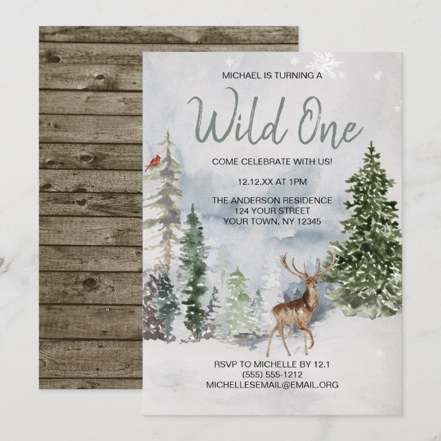 Convites Wild One Winter Woodland Deer First Birthday (Frente/Verso)