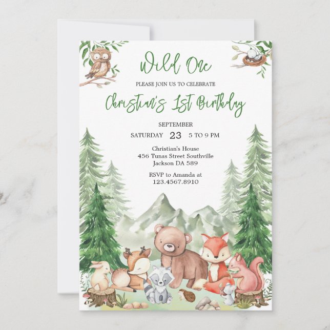 Convites Wild One Woodland Animals 1st Birthday Invitation (Frente)