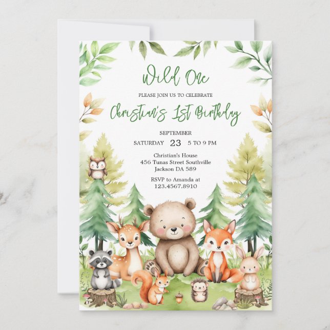 Convites Wild One Woodland Animals 1st Birthday Invitation (Frente)