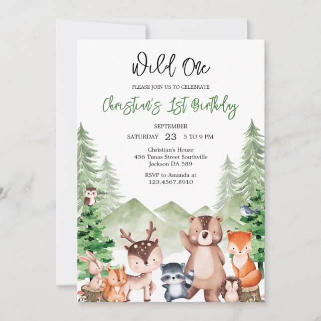 Convites Wild One Woodland Animals 1st Birthday Invitation (Frente)