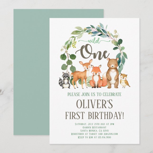 Convites Wild One Woodland Birthday (Frente/Verso)