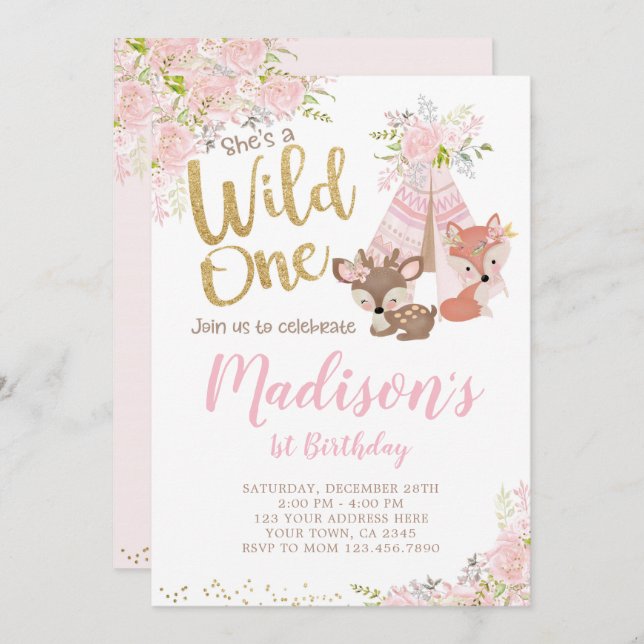 Convites Wild One, Woodland, Tribal (Frente/Verso)