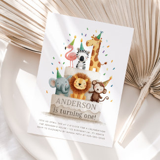 Convites Wild One Zoo Animals Neutral First Birthday Party