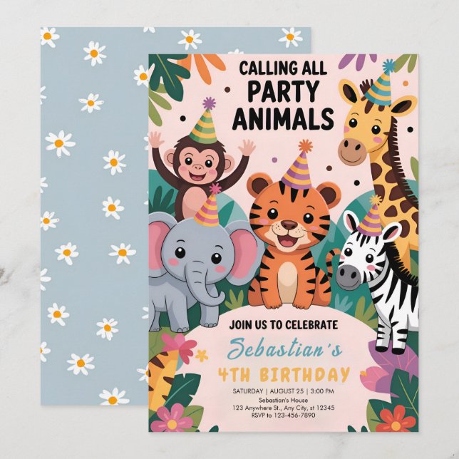 Convites Wild Safari Animals Birthday (Frente/Verso)
