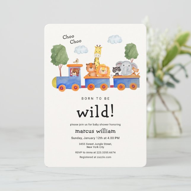 Convites Wild Safari Zoo Animals Train Baby Shower (Em pé/Frente)