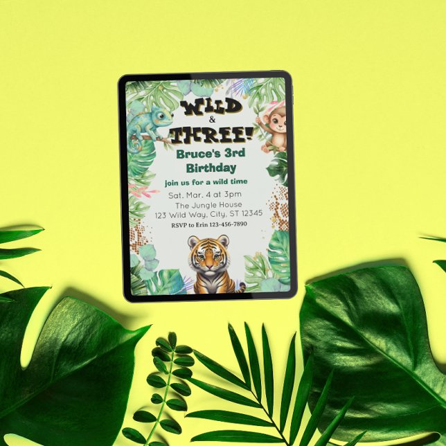Convites Wild & Three, Watercolor Jungle Birthday (Criador carregado)