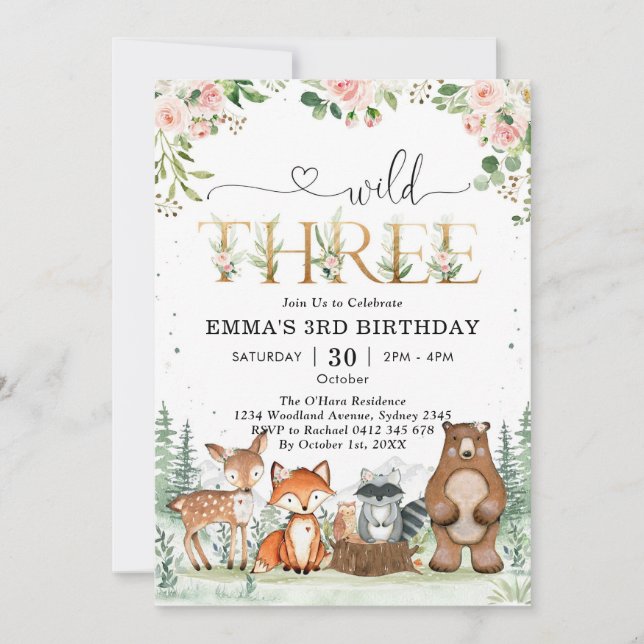 Convites Wild Three Woodland Party Animals 3rd Birthday (Frente)