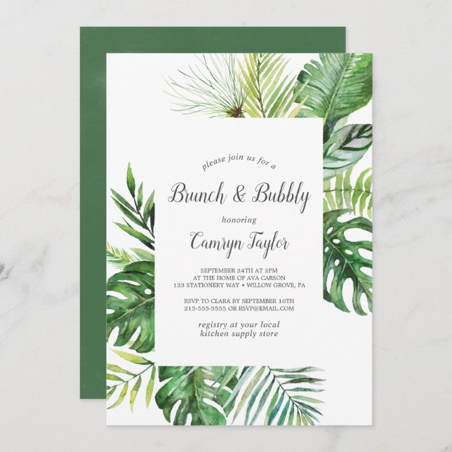 Convites Wild Tropical Palm Brunch e Bubbles (Frente/Verso)