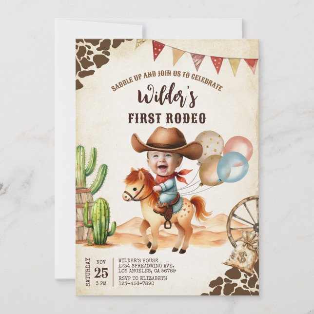 Convites Wild West Cowboy First Rodeo primeiro aniversario (Frente)