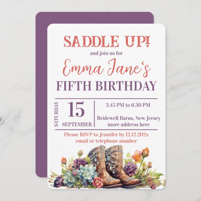 Convites Wild West Cowgirl 5 Birthday (Frente/Verso)
