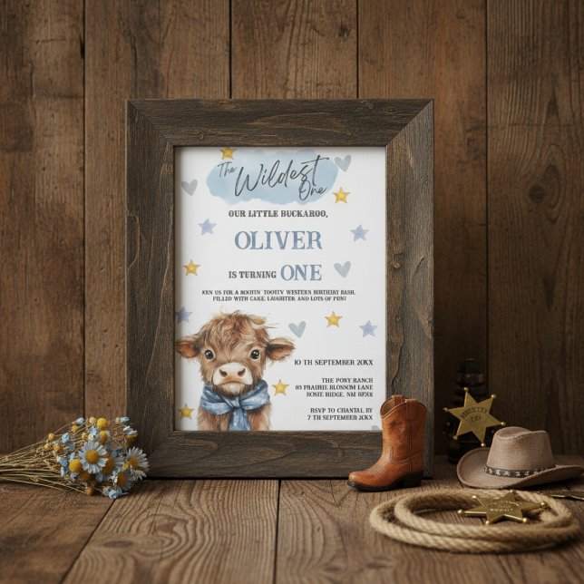 Convites Wild West First Birthday • Little Buckaroo Theme (Cowboy-style Wildest One birthday invite in rustic frame with hat, rope, and burlap background)