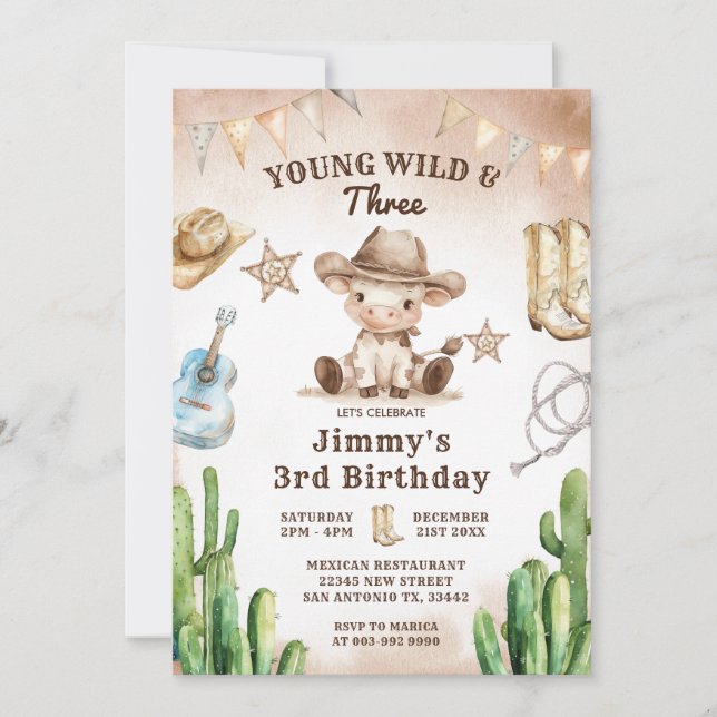 Convites Wild West Young Wild & Three Cowboy Birthday (Frente)