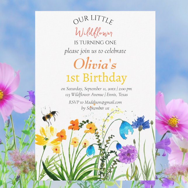 Convites Wildflower 1rua Primeiro Aniversário Vermelho Azul (Criador carregado)