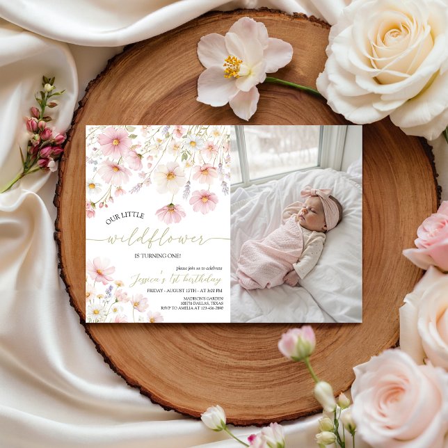 Convites Wildflower 1st Birthday Photo Invitation (Criador carregado)