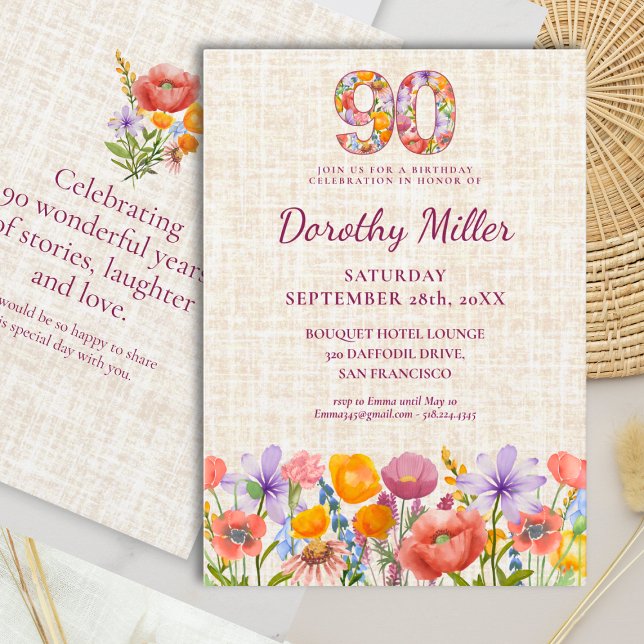 Convites Wildflower 90th Birthday - Floral Number Party (Criador carregado)