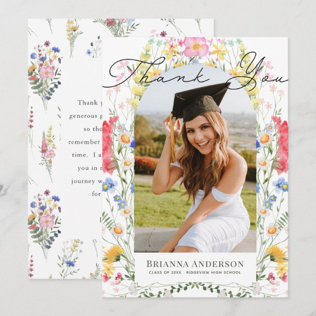 Convites Wildflower Arch Photo Graduation Thank You Card (Frente/Verso)