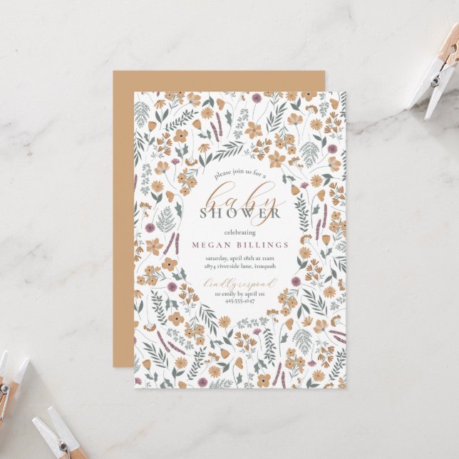 Convites wildflower baby shower invitation - light orange (Frente/Verso In Situ)