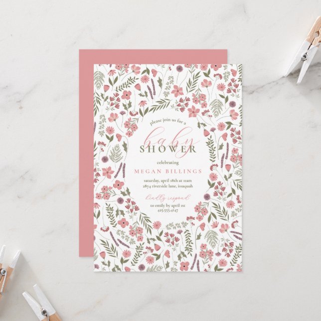 Convites wildflower baby shower invitation - pink (Frente/Verso In Situ)