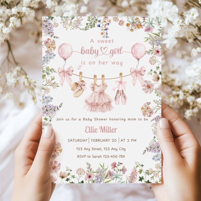 Convites Wildflower Baby Shower Invitation, Pink Bow Floral (Criador carregado)
