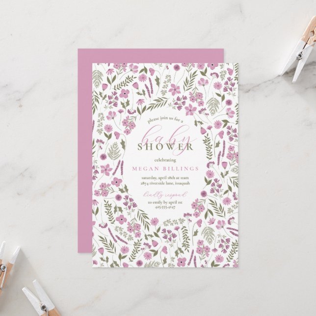 Convites wildflower baby shower invitation - purple (Frente/Verso In Situ)