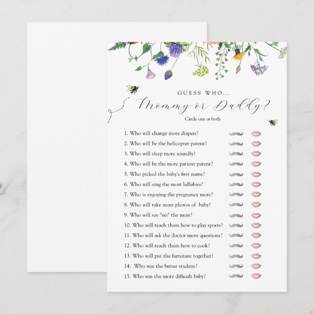 Convites Wildflower Bee Adivinha Quem Joga Chá de fraldas (Frente/Verso)