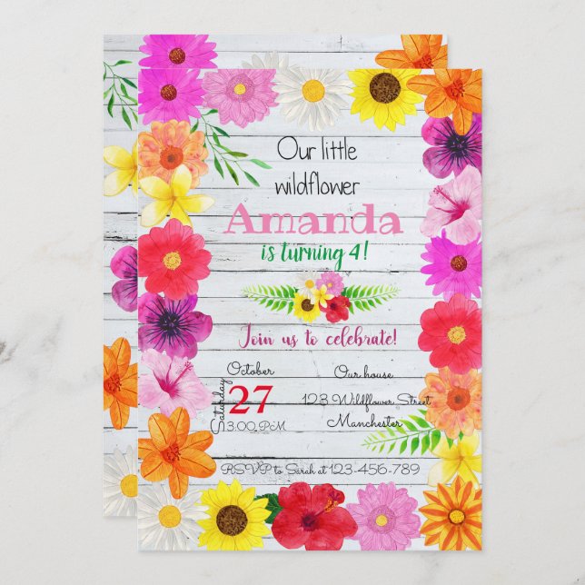 Convites Wildflower Birthday Invitation, Flower Invite (Frente/Verso)
