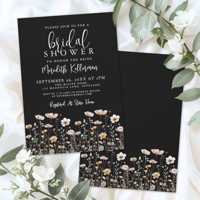 Convites Wildflower Black Elegant Bridal Shower (Wildflower Black Elegant Bridal Shower Invitation)