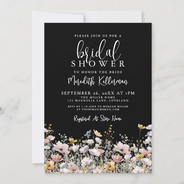 Convites Wildflower Black Floral Bridal Shower (Frente)