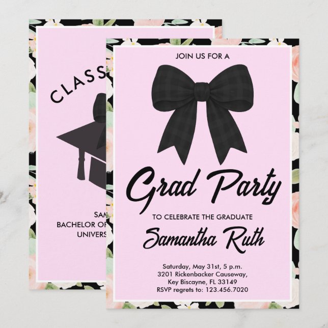 Convites Wildflower Black Gingham Bow Graduation Party (Frente/Verso)