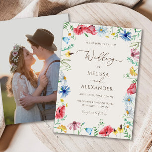 Convites Wildflower boho beige photo Wedding Invitation