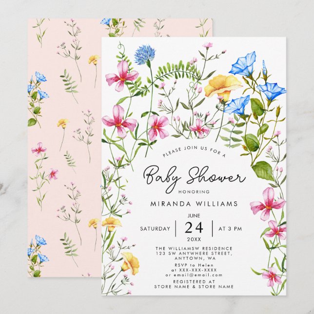 Convites Wildflower Boho Girl Chá de fraldas Watercolor (Frente/Verso)