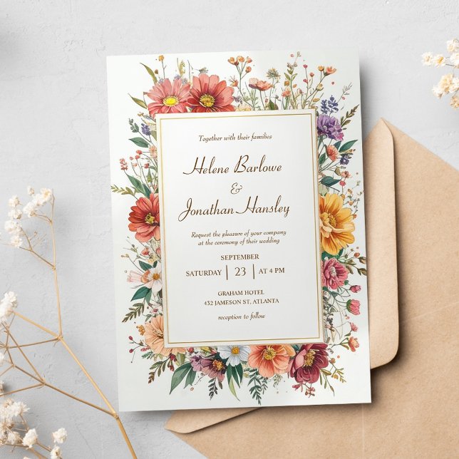 Convites Wildflower Boho Vintage Casamento Elegante (Wildflower Floral Boho Vintage Elegant Wedding Invitation)