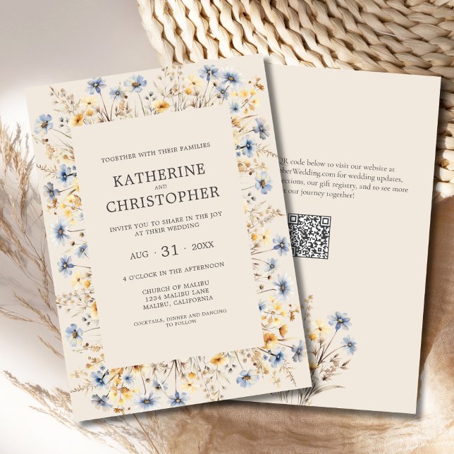 Convites Wildflower BOHO Watercolor Elegant Beige Wedding (BOHO Wildflowers Wedding Invitation with Blue and Yellow Wildflowers, QR Code, Beige Background.)