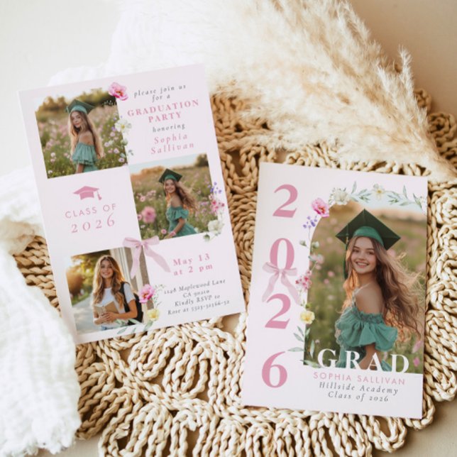 Convites Wildflower Bow Graduation party Photo Collage (Criador carregado)