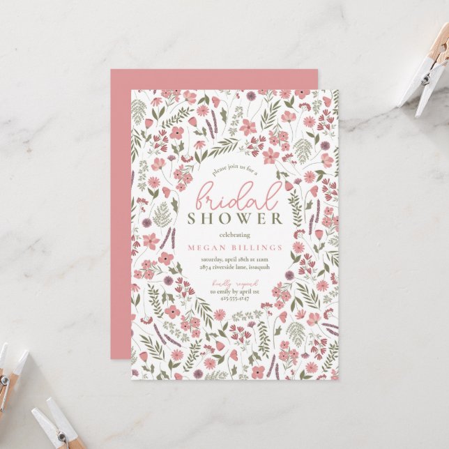 Convites wildflower bridal shower invitation - pink (Frente/Verso In Situ)