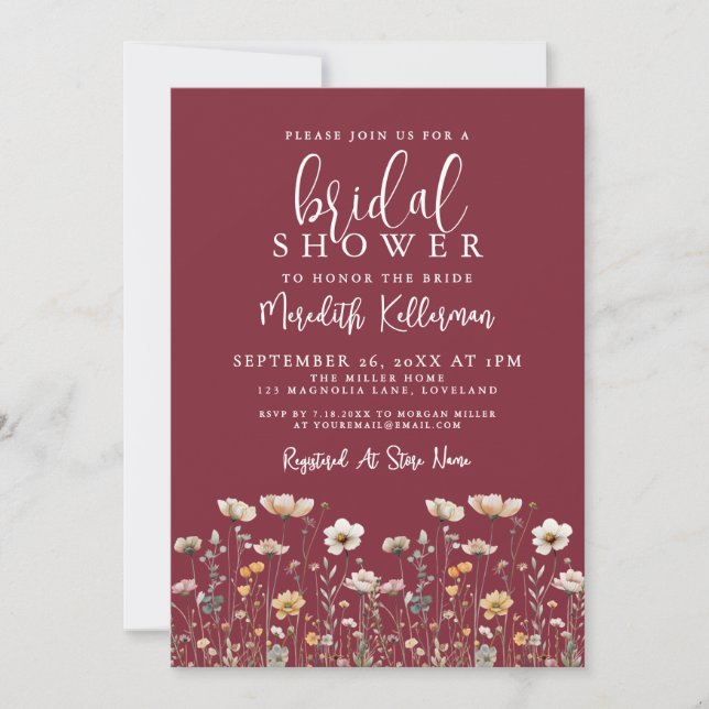 Convites Wildflower Burgundy Bridal Shower (Frente)