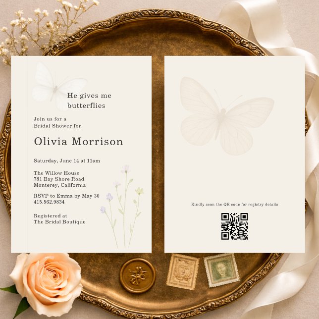 Convites Wildflower Butterflies QR Code Bridal Shower (Criador carregado)