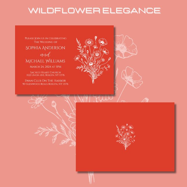 Convites Wildflower Elegance-Weding Red Orange Invitation (Wildflower Elegance Wedding Invitations-Red Orange-Rustic, country, bohemian, elegant)