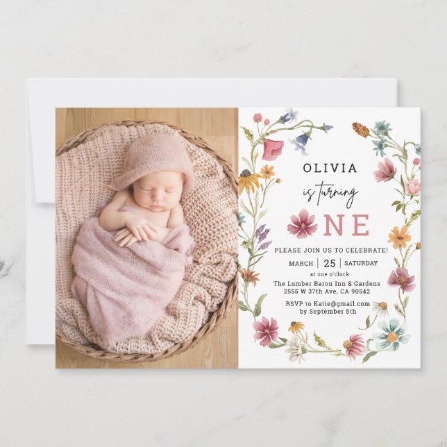 Convites Wildflower está atraindo uma foto de primeiro aniv (Frente)