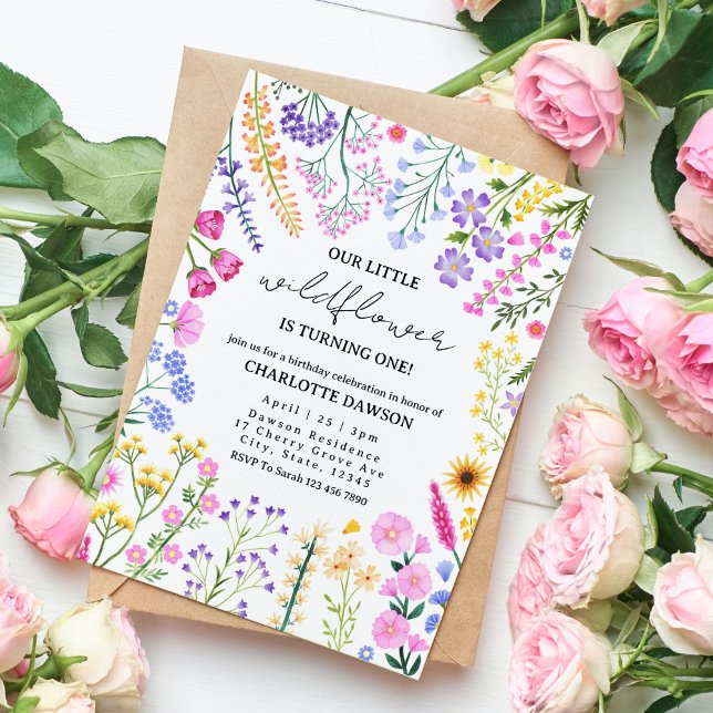 Convites Wildflower Está Transformando Uma Garota Primeiro  (Our Little Wildflower Floral First Birthday Invitation)