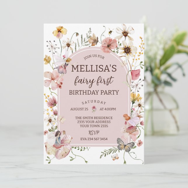 Convites Wildflower Fairy 1st Birthday Princess Party (Em pé/Frente)